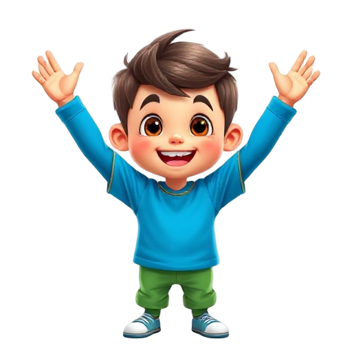 niño con camiseta azul y pantalones verdes, cabello castaño corto, estilo caricatura 2d, ojos grandes, expresión de felicidad, brazos levantados celebrando, fondo blanco