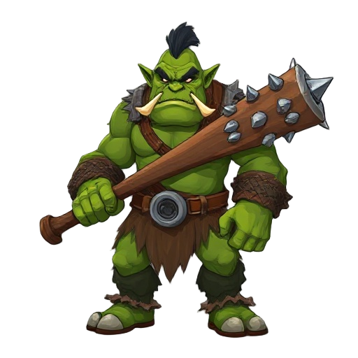 pixel  muscular green ogre with a menacing expression, holding a large wooden bat covered in metal spikes. the ogre has tusks, a brutish face, hunched posture, and ragged leather armor.