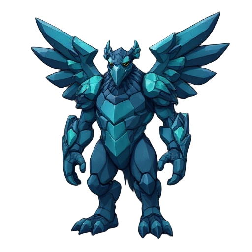 a hulking, avian-esque golem formed from midnight-blue stone and jade, its body built of interlocking, blocky “feathers” and facets that mimic rippling musculature. broad, layered wing-shards sprout f