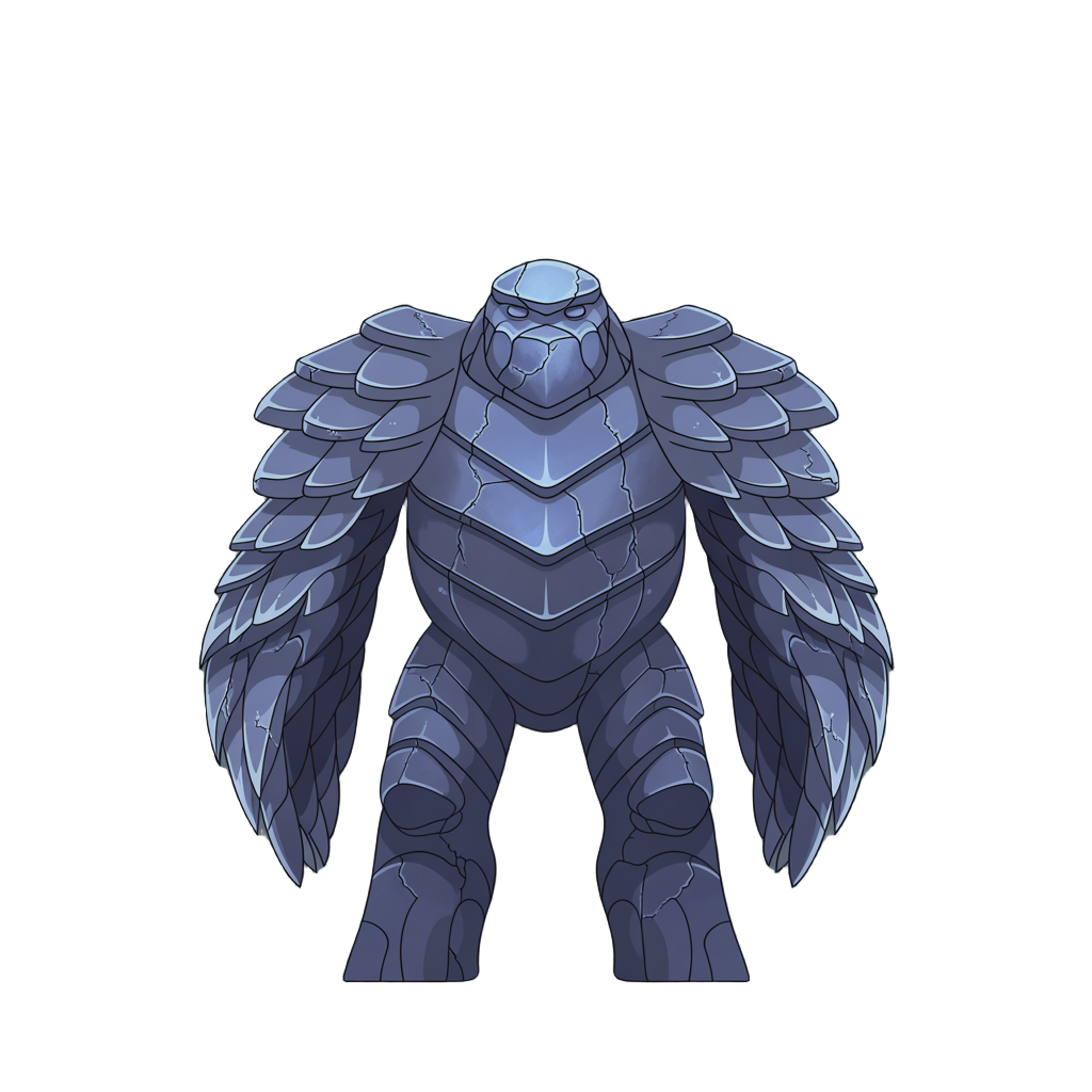 a hulking, avian-esque golem formed from midnight-blue stone and jade, its body built of interlocking, blocky “feathers” and facets that mimic rippling musculature. broad, layered wing-shards sprout f