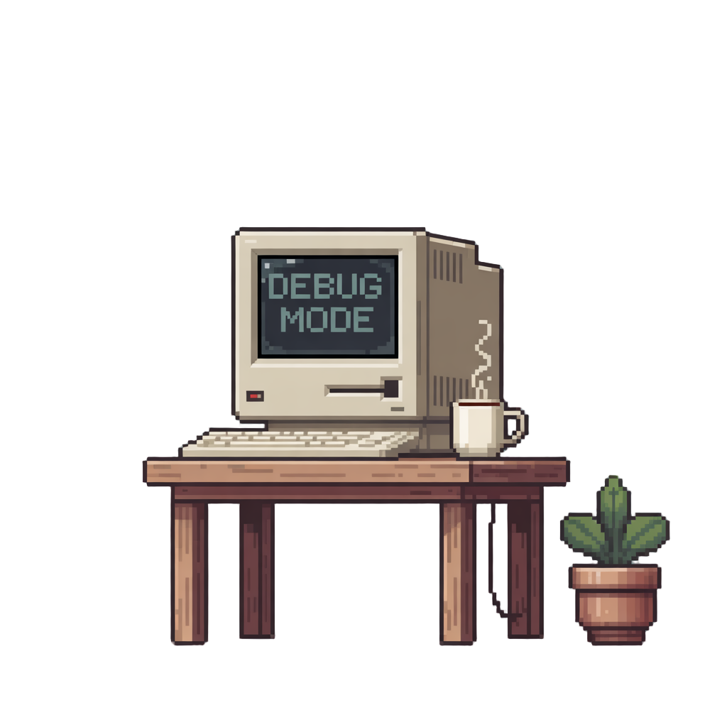 2d pixel table with computer and cup of coffee 
