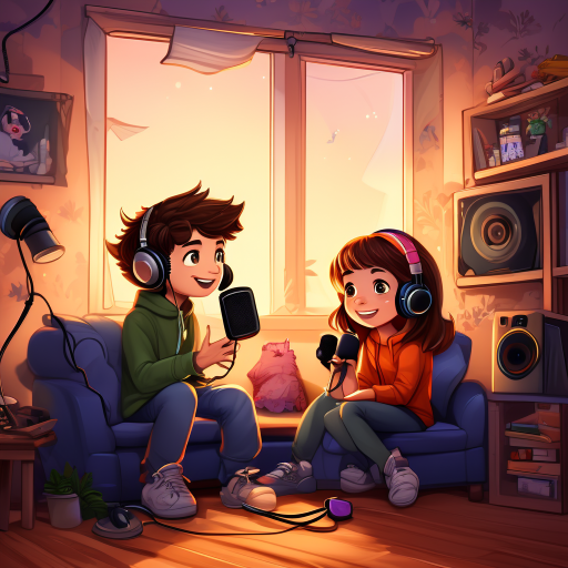 a boy and a girl a boy doing podcast in a cozy room talking to each other