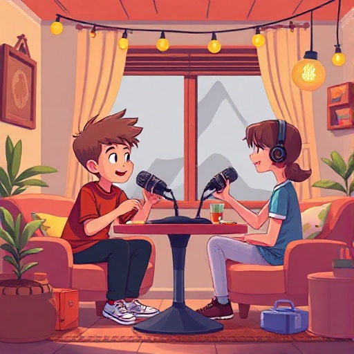 a boy and a girl a boy doing podcast in a cozy room talking to each other