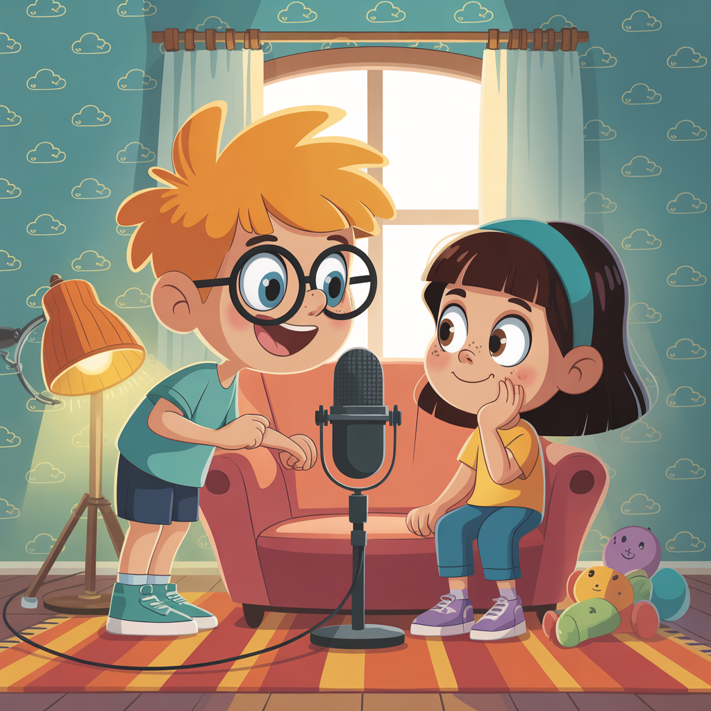 a boy and a girl a boy doing podcast in a cozy room talking to each other