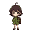 short girl, dark brown curly hair with bangs, green jacket, dark red backpack