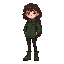 girl with curly dark brown hair with curly bangs, dark green jacket, green hiking boots, black pants, burgundy backpack