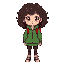 girl, dark brown very curly hair with bangs, green jacket, black pants, red backpack