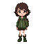 girl, dark brown curly hair shoulder length, with bangs, green jacket, burgundy backpack, green boots