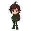 short girl with wavy-curly dark brown hair with curly bangs, dark green jacket, green hiking boots, black pants, burgundy backpack