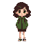 pixel girl with medium length, curly dark brown hair. green jacket, burgundy backpack