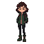 girl with curly dark brown hair with curly bangs, dark green jacket, green hiking boots, black pants, burgundy backpack