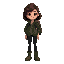 game figure girl with curly dark brown hair, dark green jacket, green hiking boots, black pants, burgundy backpack
