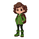 girl with curly brown hair, green jacket, green hiking boots, black pants, burgundy backpack