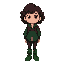 girl with curly dark brown hair with curly bangs, dark green jacket, green hiking boots, black pants, burgundy backpack