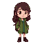 girl, dark brown wavy hair with bangs, green jacket, burgundy backpack