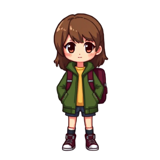 pixel girl with brown hair. green jacket, burgundy backpack