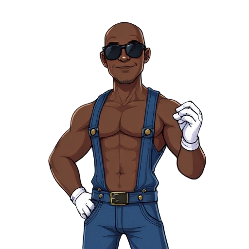 black man, bald, shirtless, blue denim overalls, white gloves, sunglasses