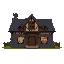 medieval  house with shields on the front and coats of arms  made of dark stone  designed for a retro-style farm simulation game.