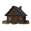medieval  small house with shields on the front and coats of arms  made of dark stone  designed for a retro-style farm simulation game.