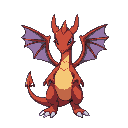 sprite de pokémon, dragon rojo, con alas lilas, garras y cuernos, ultraente, ser dimensional