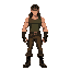 a muscular, rambo-like character. he has long black hair, a red bandana, a green tank top, brown pants, and black boots. 