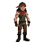 a muscular, rambo-like character. he has long black hair, a red bandana, a green tank top, brown pants, and black boots. de lado
