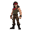 a muscular, rambo-like character. he has long black hair, a red bandana, a green tank top, brown pants, and black boots. sideways