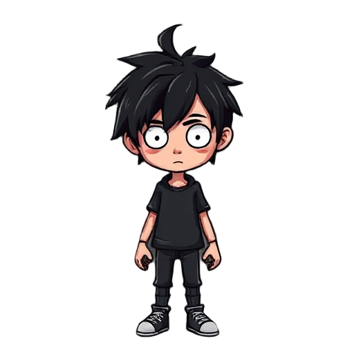 a main character suitable for use in a horror game, with messy black hair.