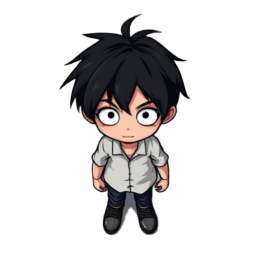 a main character suitable for use in a horror game, with messy black hair.