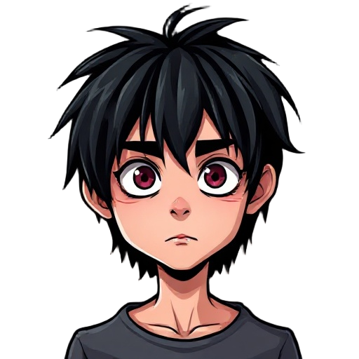 a main character suitable for use in a horror game, with messy black hair.