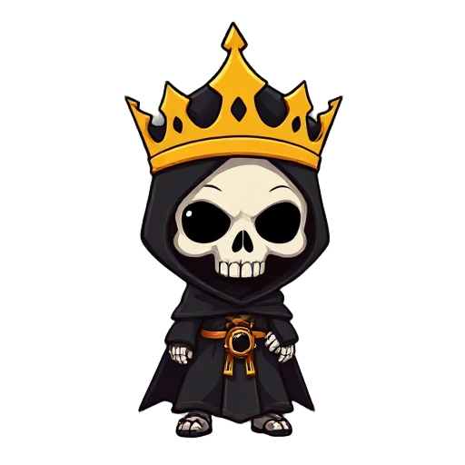 a skull wearing a black robe and black hood, he wears a golden crown.