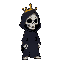 a skull wearing a black robe and black hood, he wears a golden crown.