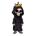 a skull wearing a black robe and black hood, he wears a golden crown.