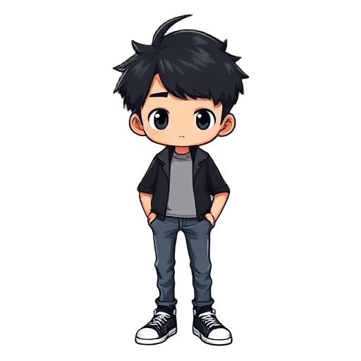 crie um estudante masculino com cabelos negros, uniforme de escola, calça jeans e tenis preto no estilo anime
