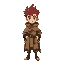 desert wondering character wearing an open cloak with no hoodie. spiky read hair.