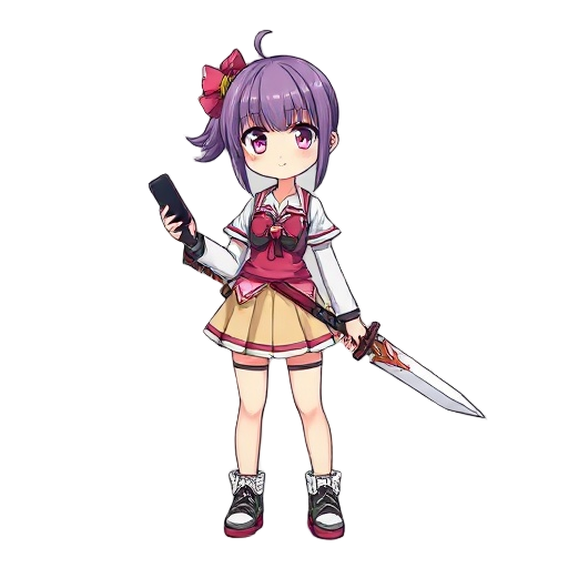 a colorful gyaru-style girl, with a cellphone in one hand, and a sword in the other