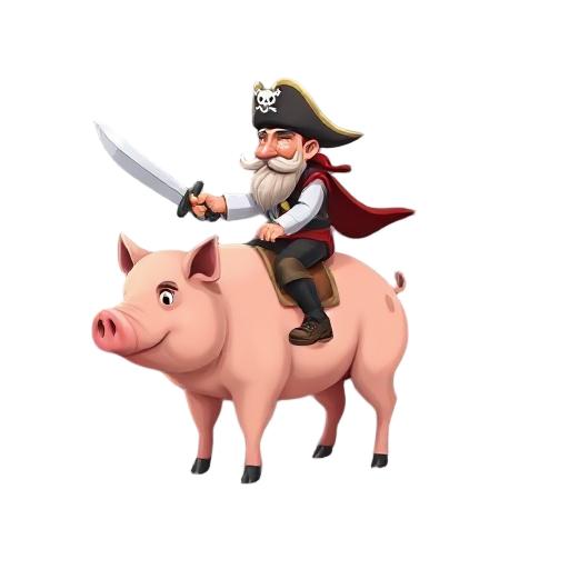 a pirate riding a pig with a sword in his hand. facing left.