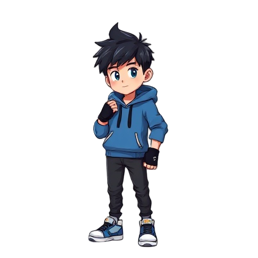 a young korean male character in his late teens, wearing a blue hoodie, black fingerless gloves, dark pants, and athletic sneakers. he has short black spiky hair, no glasses.