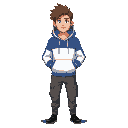 man with brown messy hair. white and blue hoodie, blue for torso, white for hood and arms. gray cargo jeans. black shoes. blank expression