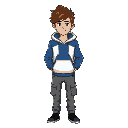 man with brown messy hair. white and blue hoodie, blue for torso, white for hood and arms. gray cargo jeans. black shoes. blank expression