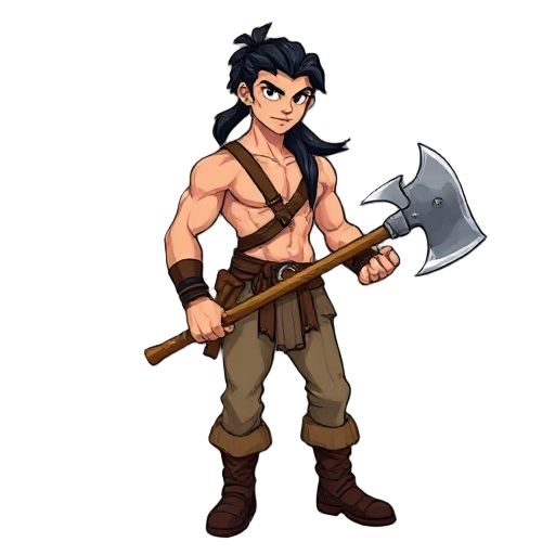 a young muscular male barbarian with long black hair in a ponytail, holding a double-bladed axe. he is shirtless, wearing a brown leather strap across his chest, light brown pants, and dark brown boots. the style is reminiscent of classic 16-bit adventure