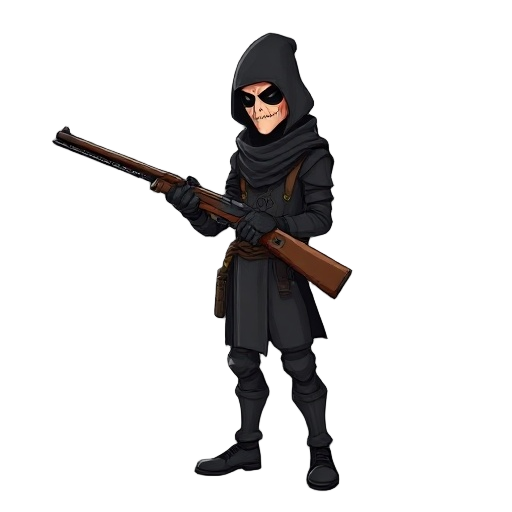a man wearing a black death outfit holding an antique shotgun