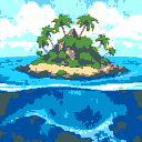 a tropical island scene. lots of detail and colors. shallow and deep water depicted. white foamy water with waves 