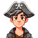 pirate character. male. dark hair. young. tricorn hat. 