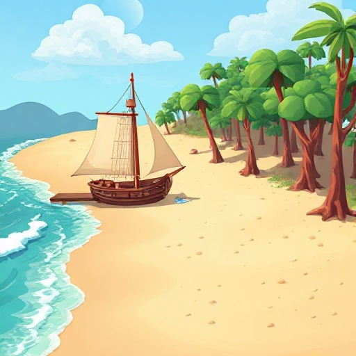 make a beach with waves coming and going with a portuguese caravel docked, a large sandy space and then a forest with some trees with red trunks and several normal trees, side view like platformer gam
