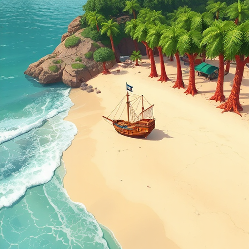 make a beach with waves coming and going with a portuguese caravel ship docked, a large space of sand and then a forest with some trees with red trunks and several normal trees