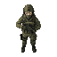a soldier in camo clothing holding a pistol, top down