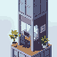 side-profile of an office tile similar to those in sim tower. think 200px wide by 30px tall. retro pixel art. tiny side-view office in a tower game