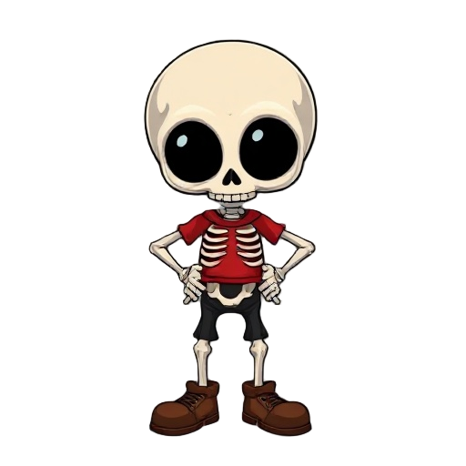 cartoon retro character design, a cute small skeleton boy with a big round skull, large black oval eye sockets, a tiny nose hole, wearing a simple red shirt, white gloves, black pants, and large brown shoes. standing with hands on hips, confident pose. ol