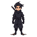 gaming asset , full body sprite , ninja with rob , black hair , sword in back , men , 